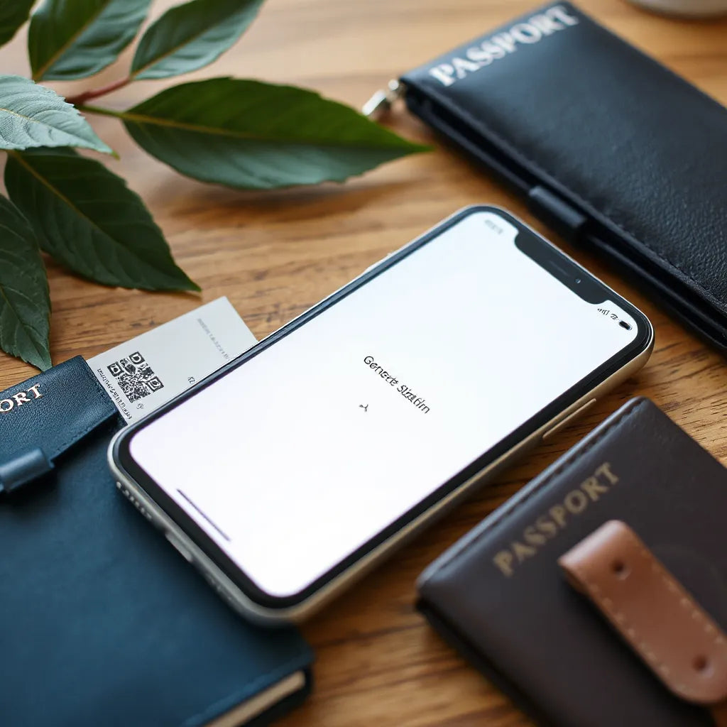 Smartphone on a travel desk with passport and eSIM connection status ready for international data use