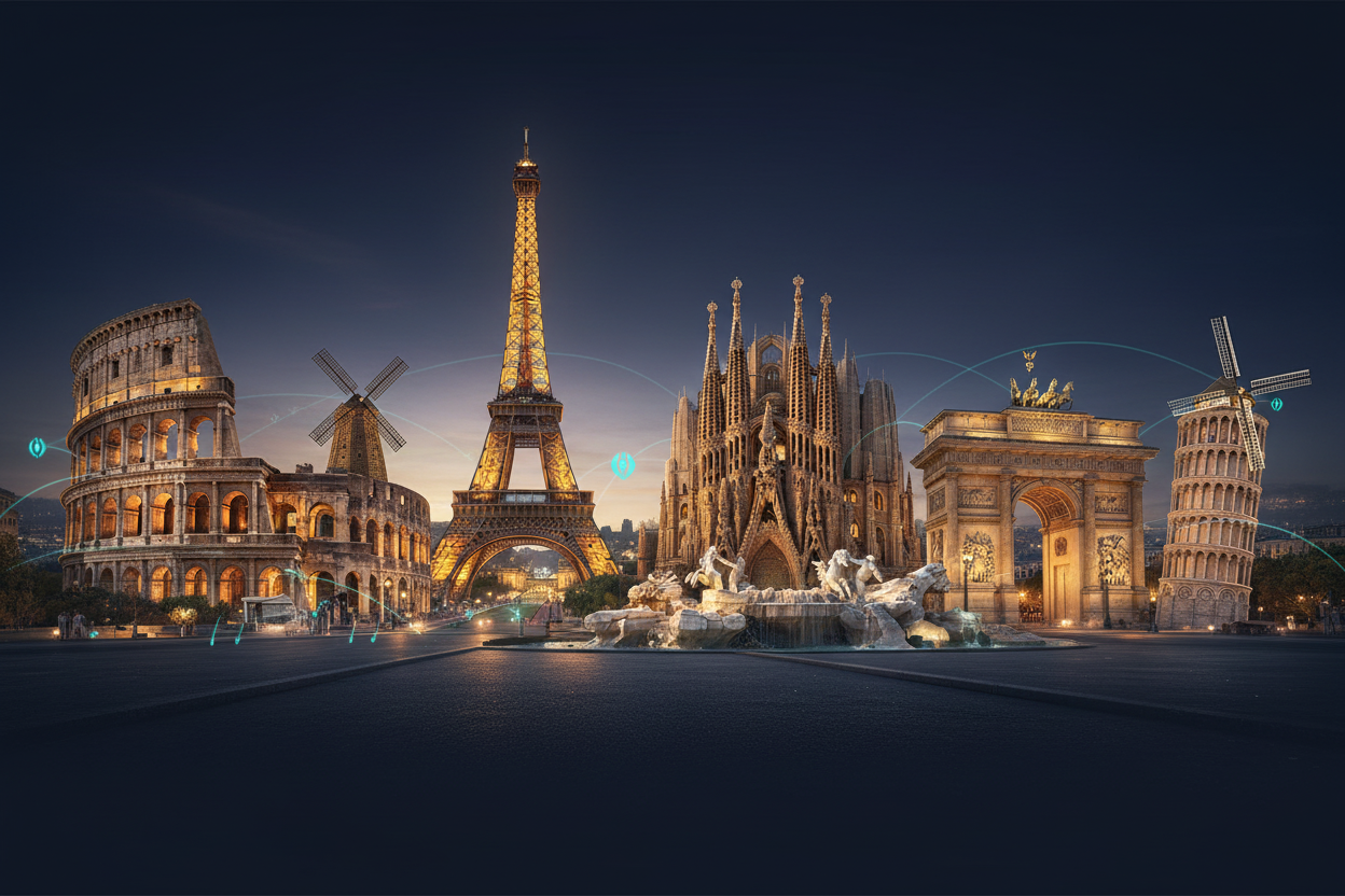 Europe eSIM Hero — Realistic Close Landmarks